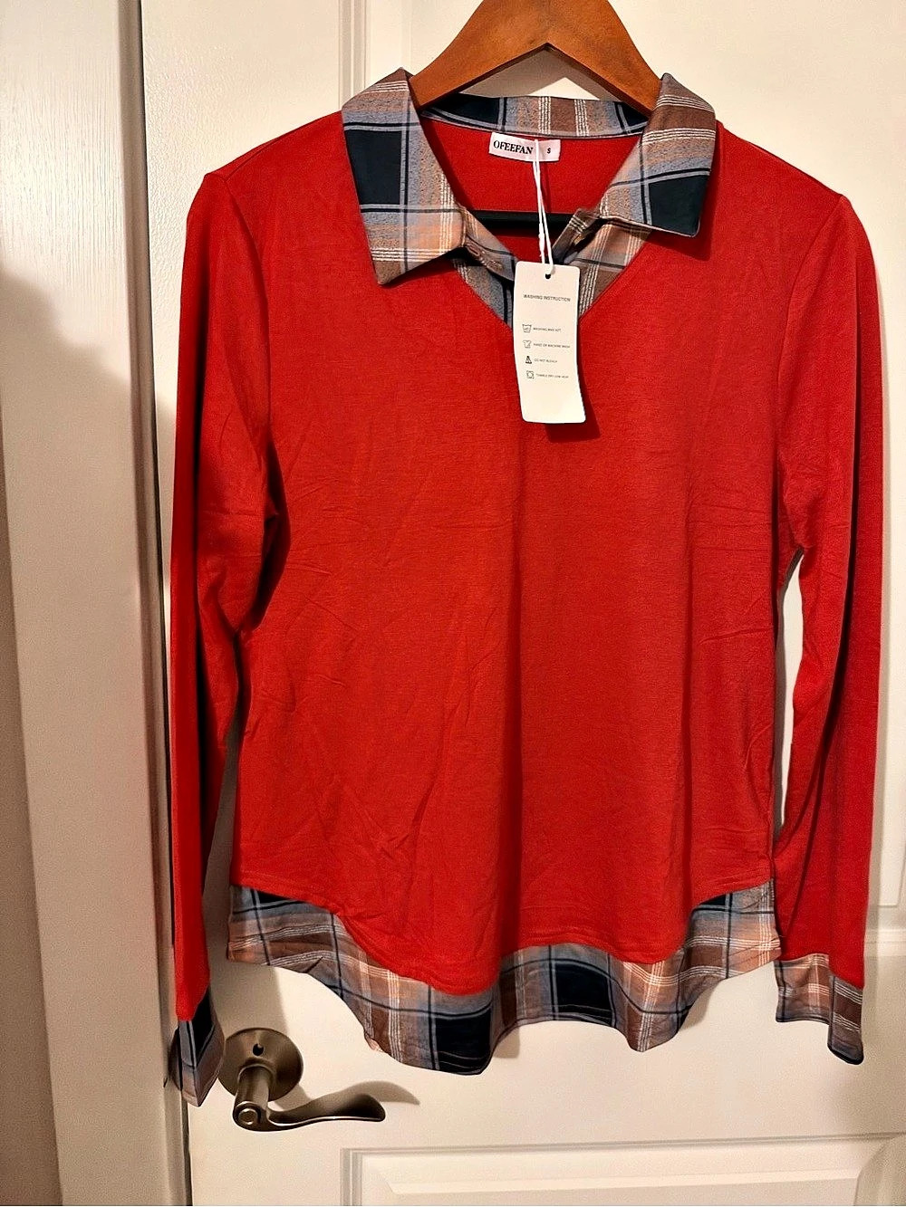 OFFEFAN Plaid Collar Long Sleeve Top in Red Size Small NWT